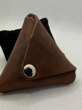 Handmade Brown Leather Triangular Coin Pouch with Snap Closure